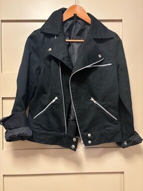 H&M Cotton Biker Jacket Black Lined Slim Crop Moto Zipper Snap Button Spring